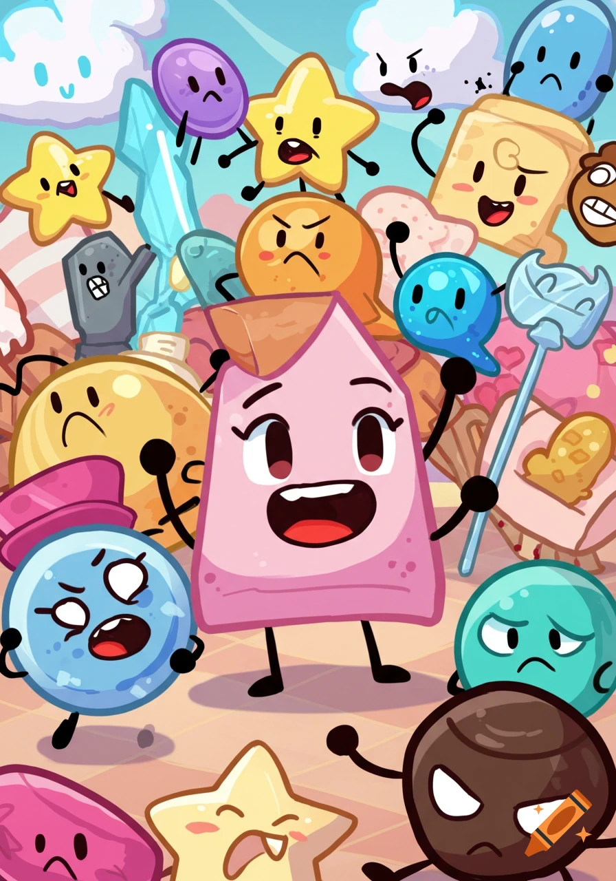 A colorful cartoon image featuring many anthropomorphic objects with arms and legs, expressing various emotions, against a light blue background.