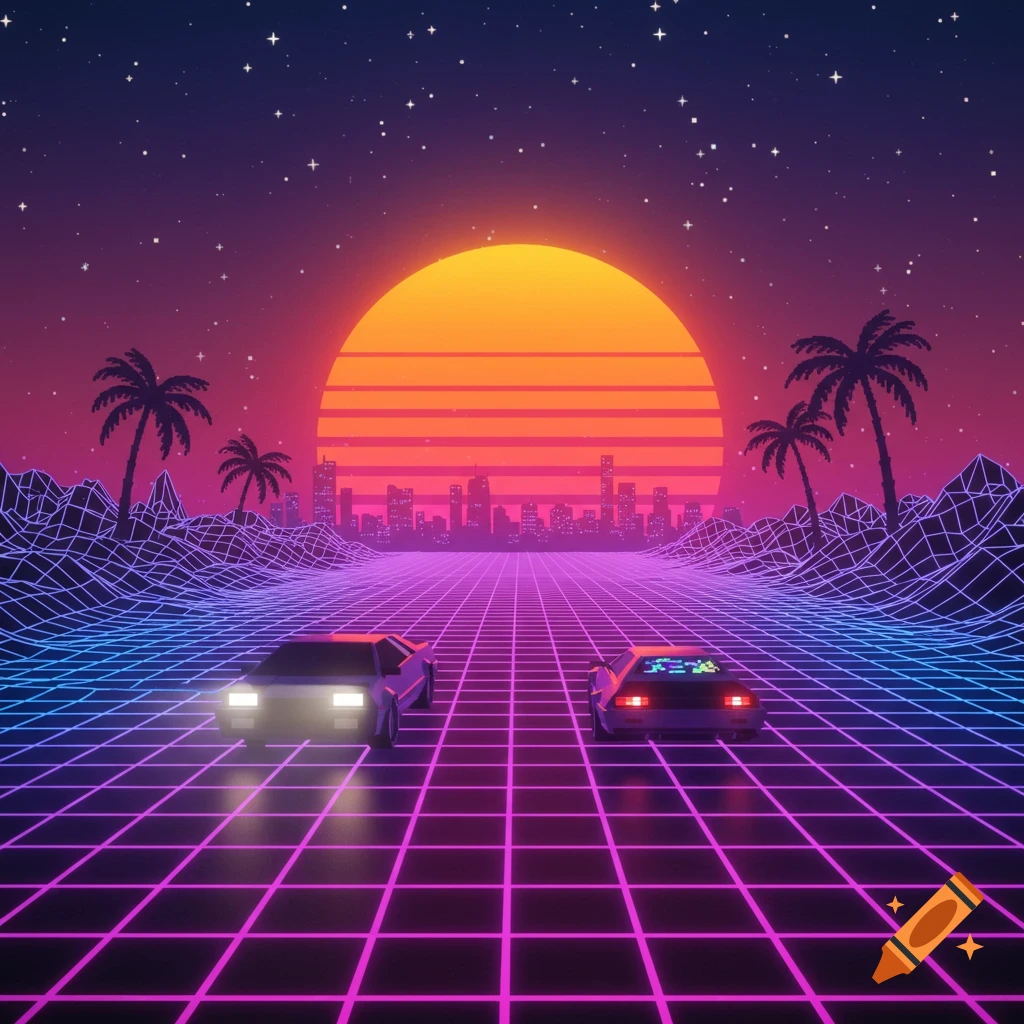 Two cars drive on a pixelated neon grid road towards a cityscape and large sunset in an 80s synthwave style.