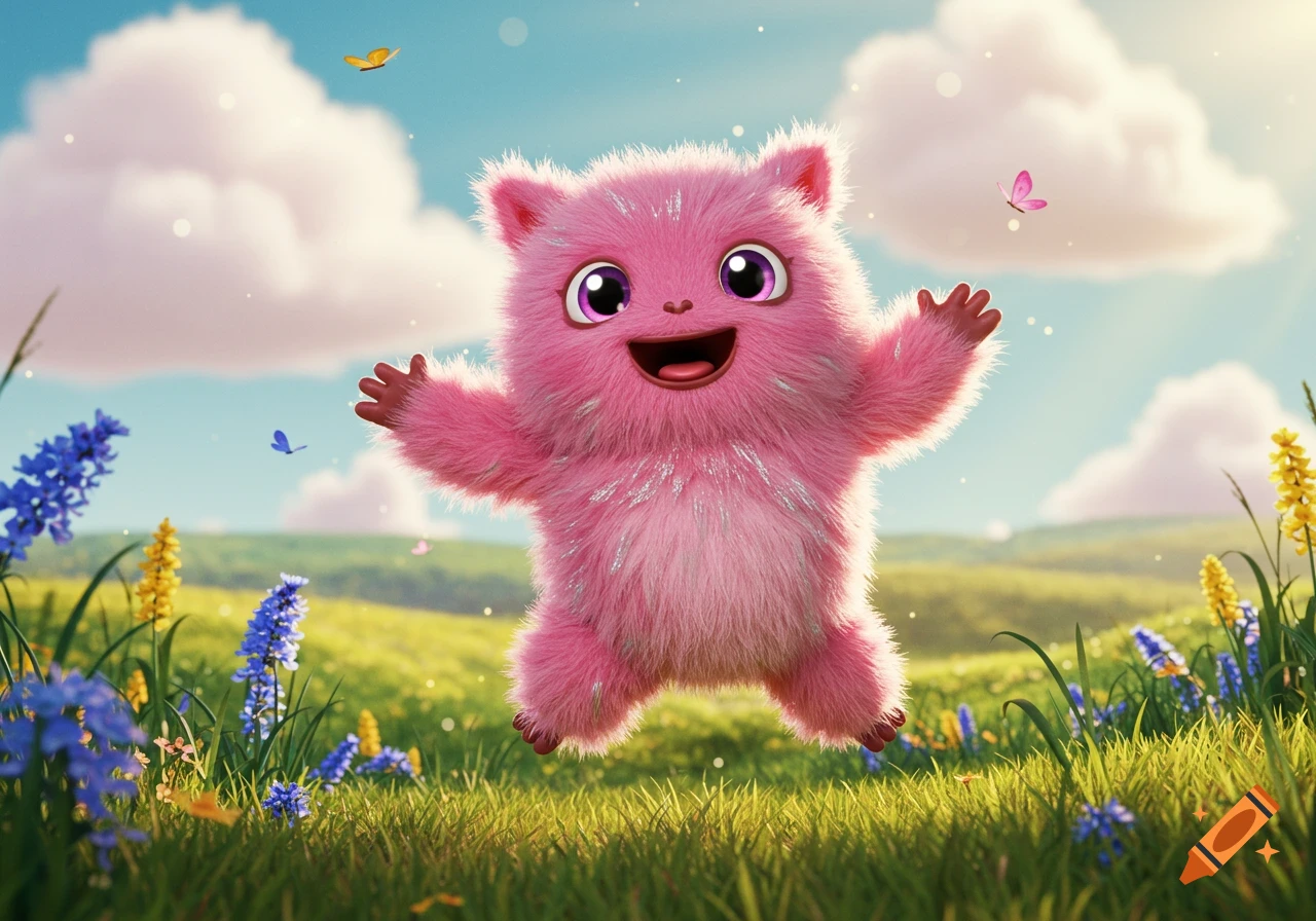 A fluffy pink critter with big eyes jumps in a vibrant green field with blue and yellow flowers, under a blue sky with clouds and butterflies.