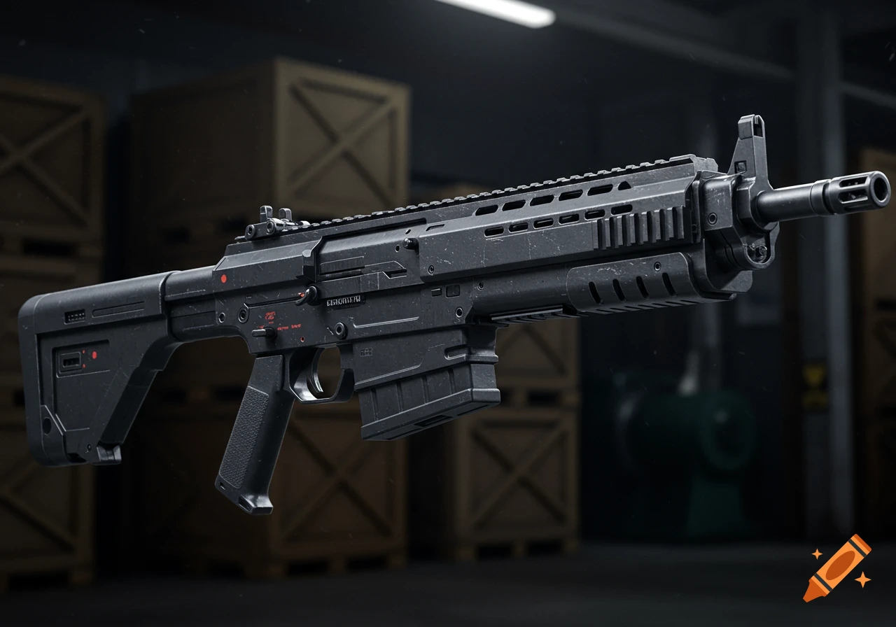 A detailed, photorealistic render of a modern dark grey assault rifle in a dimly lit industrial setting.