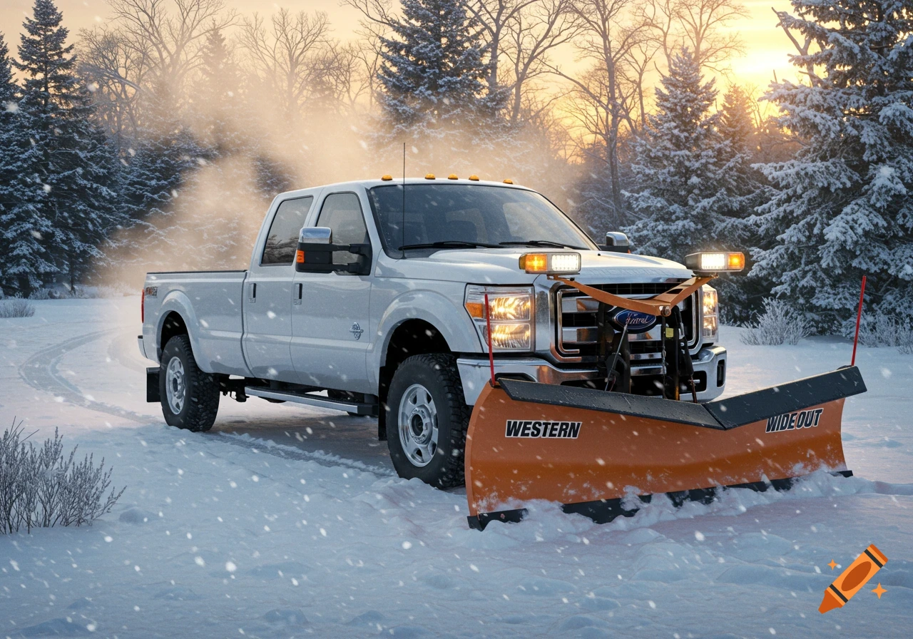 A white Ford F350 pickup truck with an orange Western Wide-Out snowplow in a snowy, wooded landscape at sunrise.