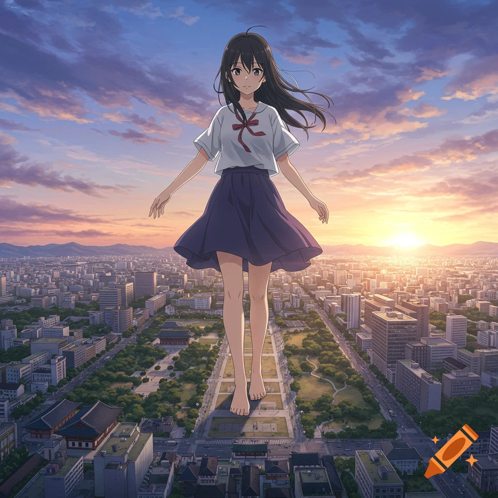 Anime girl, barefoot and in a school uniform, stands giant-sized over a detailed city at sunset.