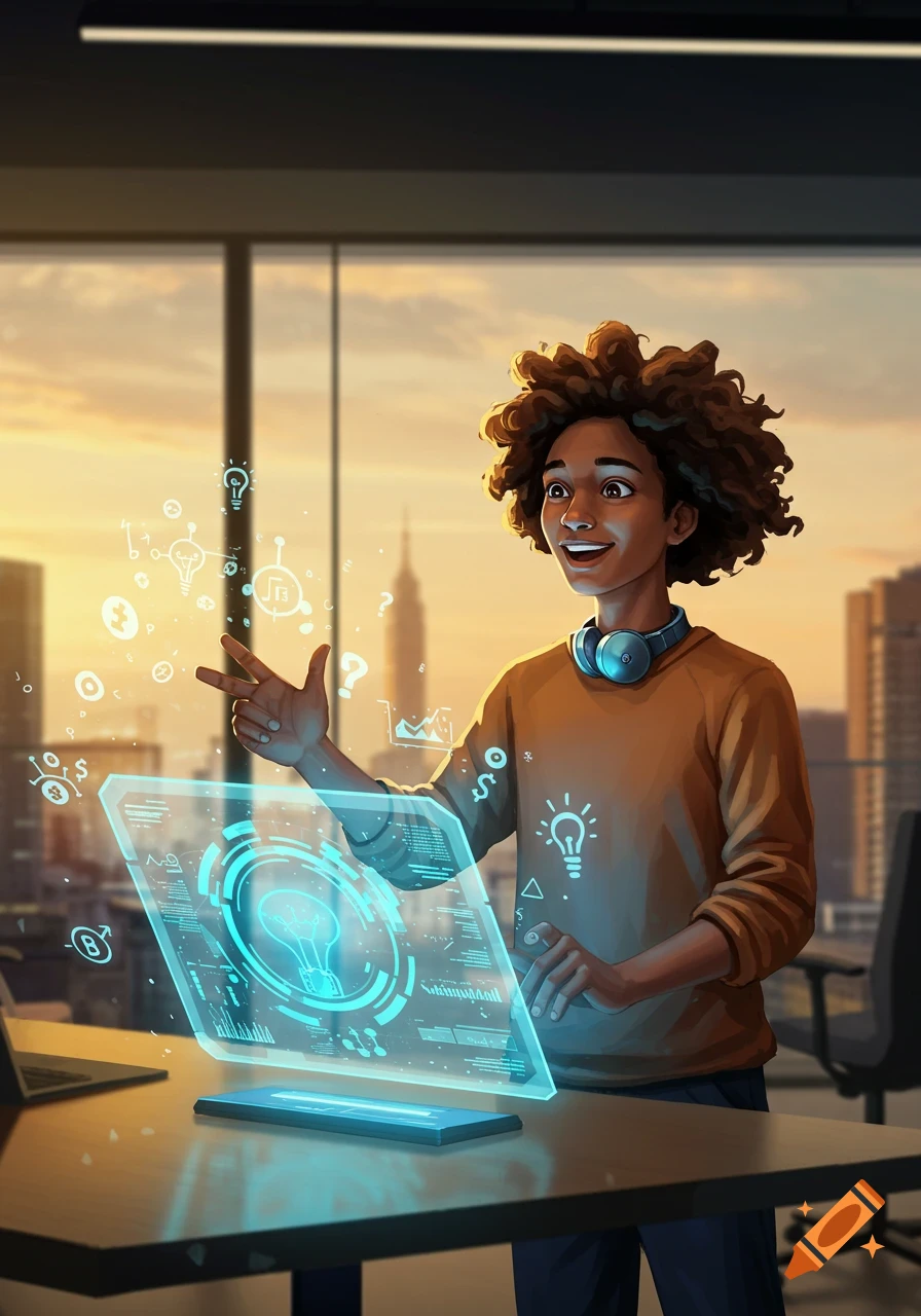 Young person with curly hair interacts with a glowing holographic interface displaying ideas in a modern office.