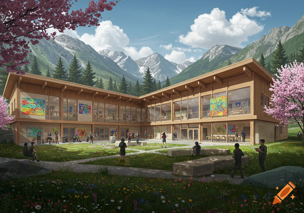 A modern, L-shaped wooden school building with large windows, surrounded by green grass and wildflowers in a mountainous valley with cherry blossoms.