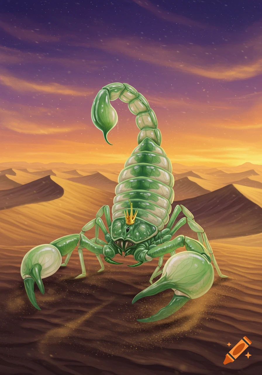 A majestic green, onion-like scorpion wearing a golden crown stands in a vast desert at sunset, in a detailed illustration.