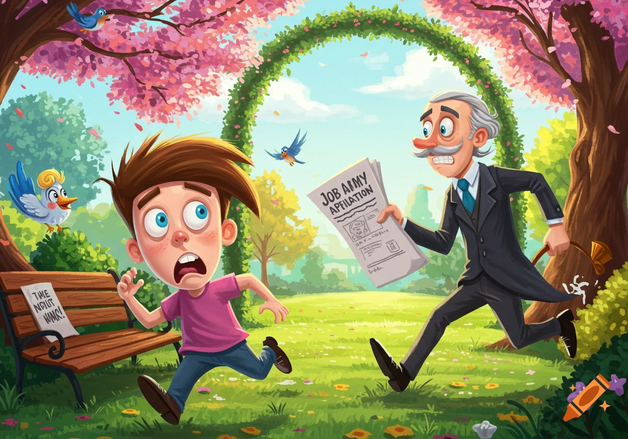 A terrified cartoon boy with spiky brown hair runs through a colorful park, chased by an aristocratic older man holding a paper labeled "JOB ARMY APFILIATION".