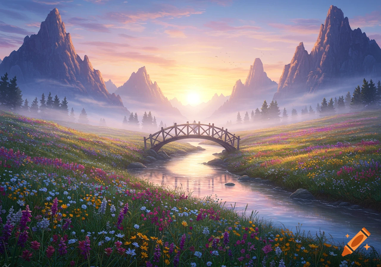 A vibrant mountain landscape with a wooden bridge over a river, surrounded by colorful wildflowers, under a glowing sunrise sky.