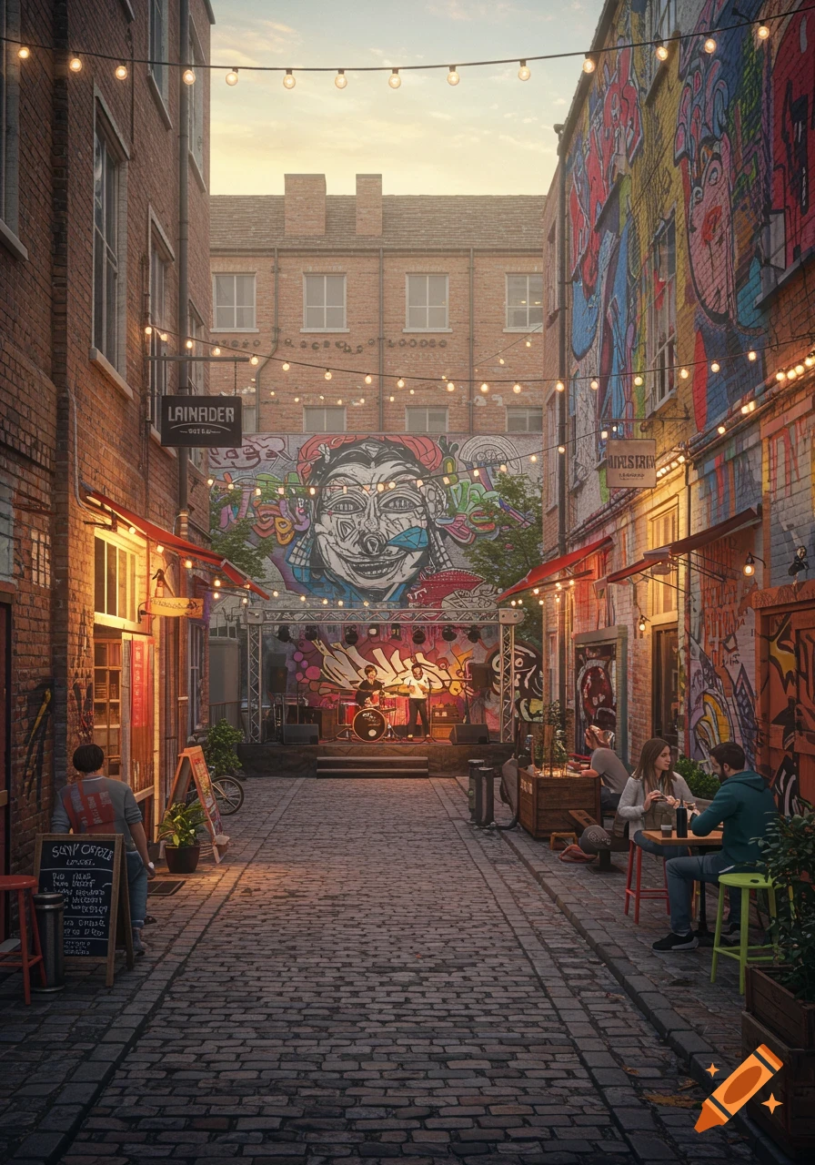 An evening view of a vibrant cultural street with string lights, brick buildings adorned with graffiti, an outdoor stage with a band playing, and people dining at cafes.