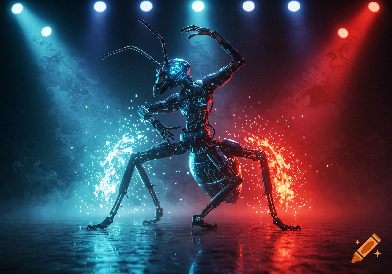 A cybernetic ant in a dynamic flamenco dance pose, illuminated by vibrant red and blue stage lights with sparks.