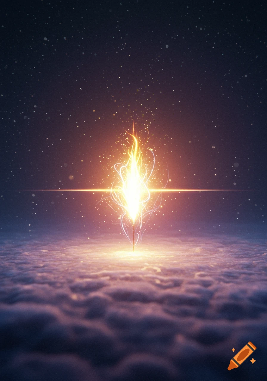 A bright, ethereal light plume rises from glowing clouds into a starry night sky with shimmering particles.