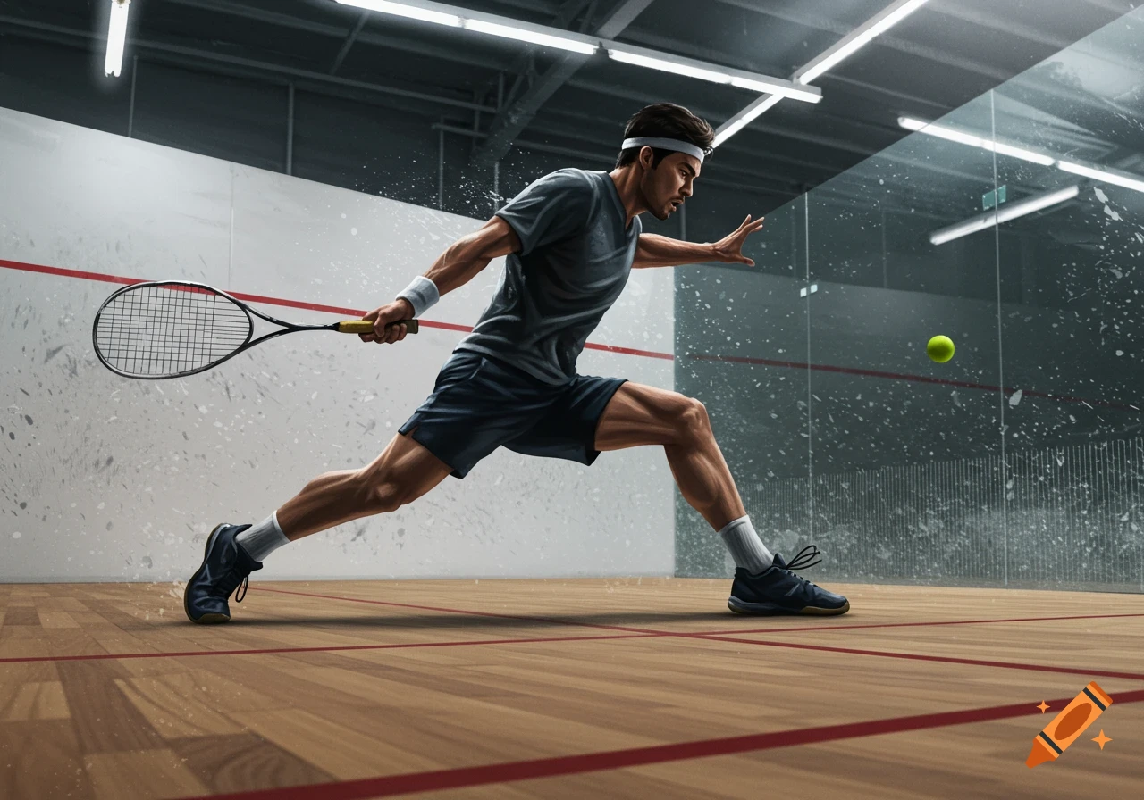 A male athlete in active wear plays squash in a modern court, lunging to hit a green ball with his racket.