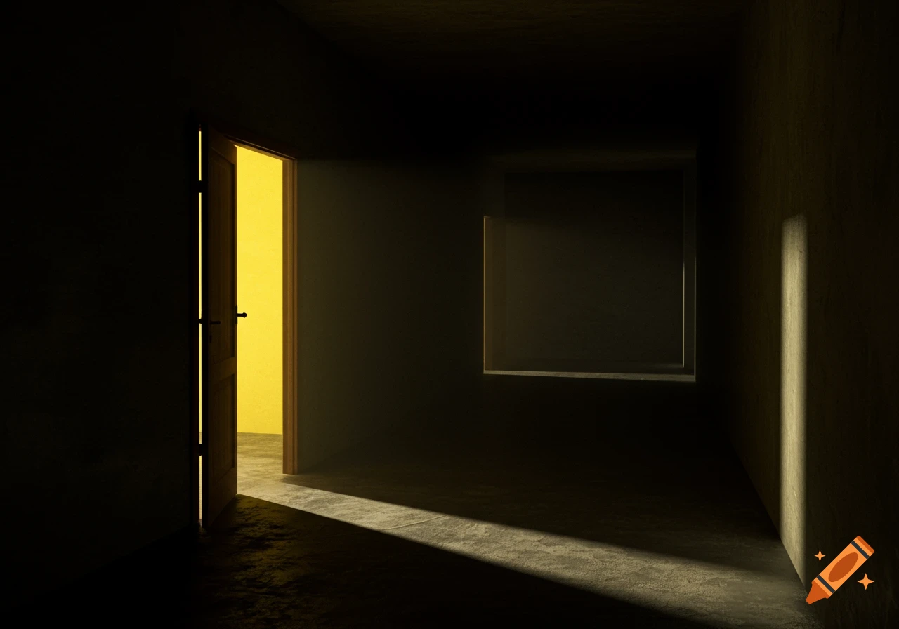 Minimalist digital painting of a dark hallway with an open door casting warm yellow light and shadows.