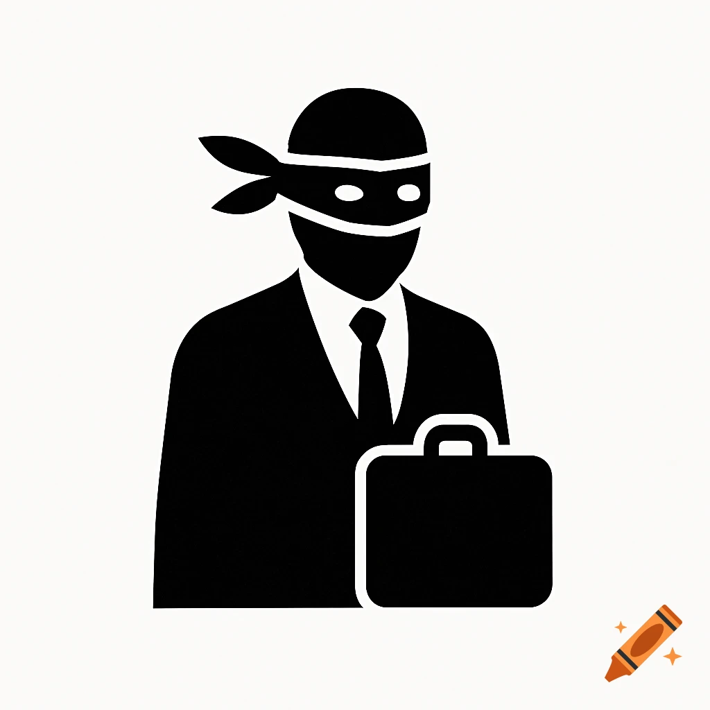 A black and white minimalist icon of a person in a suit with a tie forming a mask, holding a briefcase.