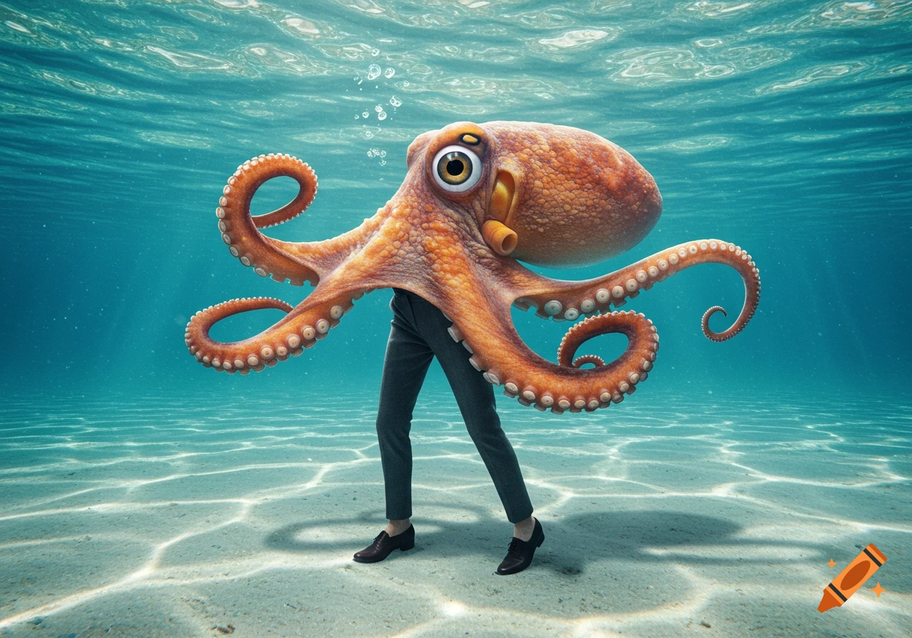 A photorealistic image of a large orange octopus with human legs in gray trousers and black shoes, standing on a sandy seabed underwater.