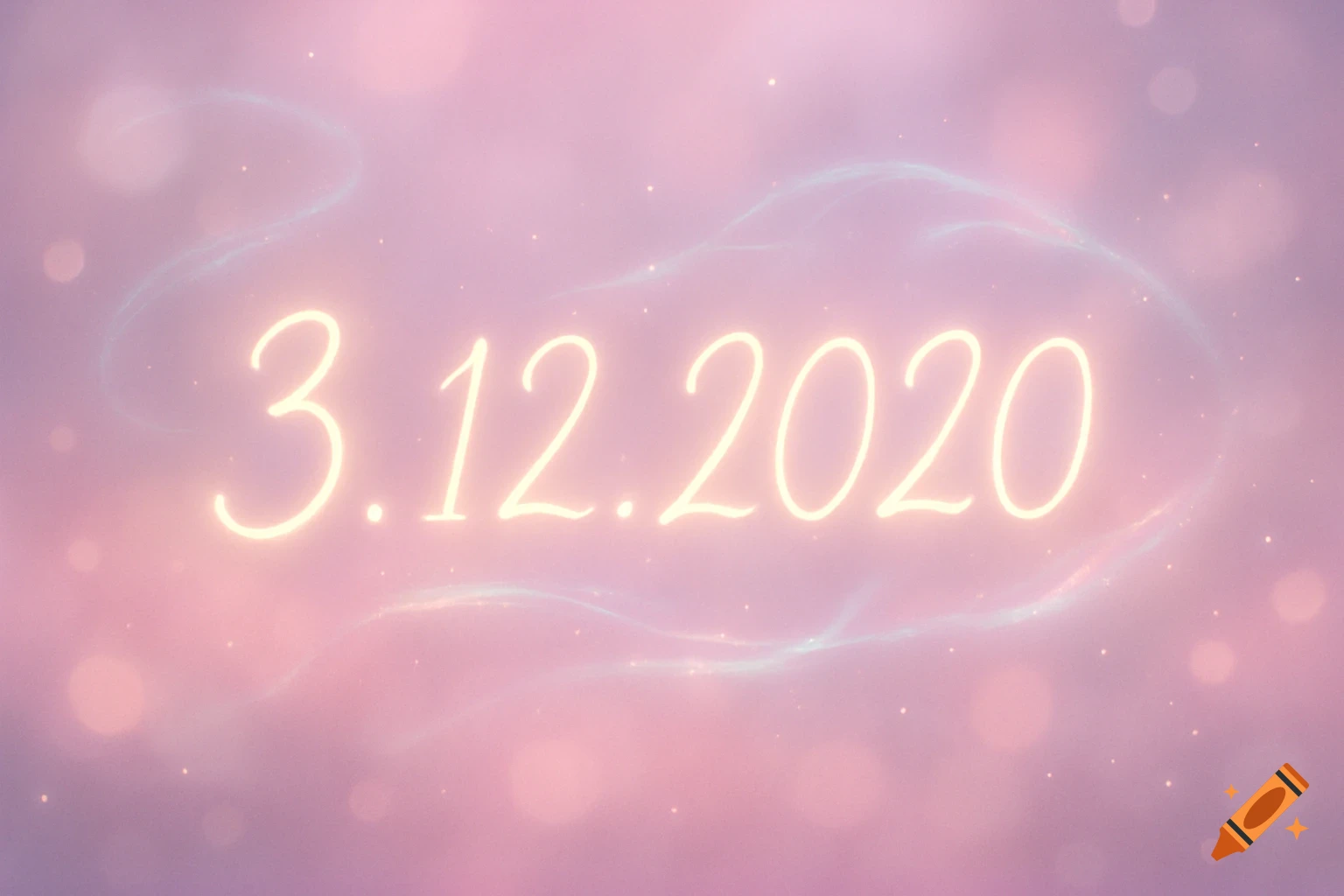 Glowing date '3.12.2020' in an elegant handwritten style on a soft pink and purple pastel background with bokeh lights.