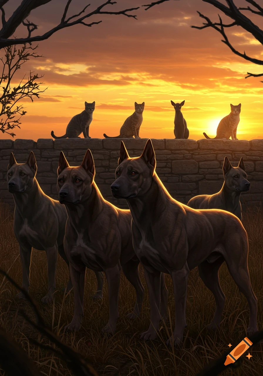 Four dark dogs stand in grass with four cats on a stone wall behind them, silhouetted against a vibrant orange sunset.