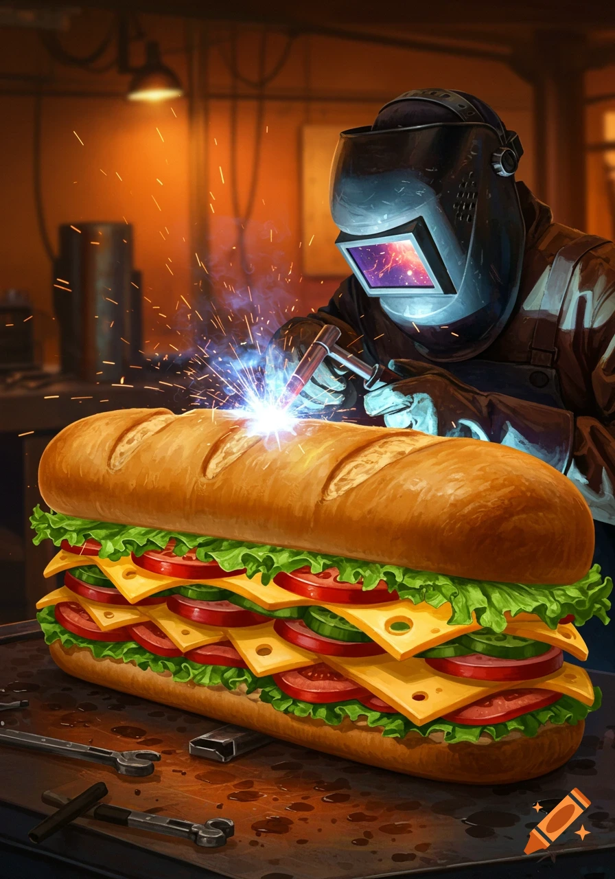 A welder works on a giant sub sandwich with welding equipment in a stylized illustration of an industrial workshop.
