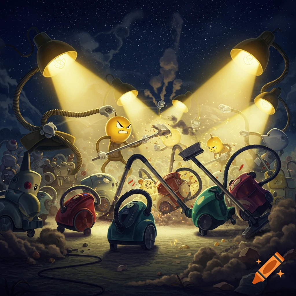 Cartoon style image of an army of angry Luxo Lamps battling vacuum cleaners under bright spotlights at night.
