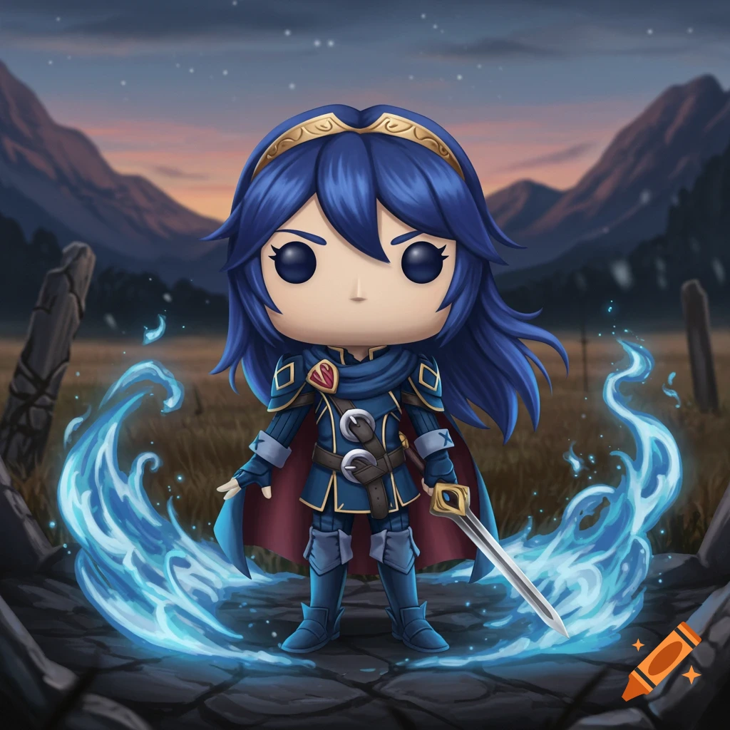 A Funko Pop of Lucina from Fire Emblem stands in a field with glowing blue energy, holding a sword, at sunset.
