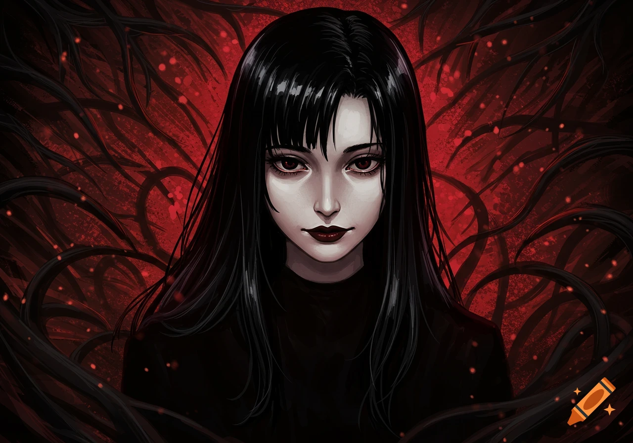 A gothic anime portrait of a pale woman with long black hair and red eyes against a dark red background with swirling tendrils.