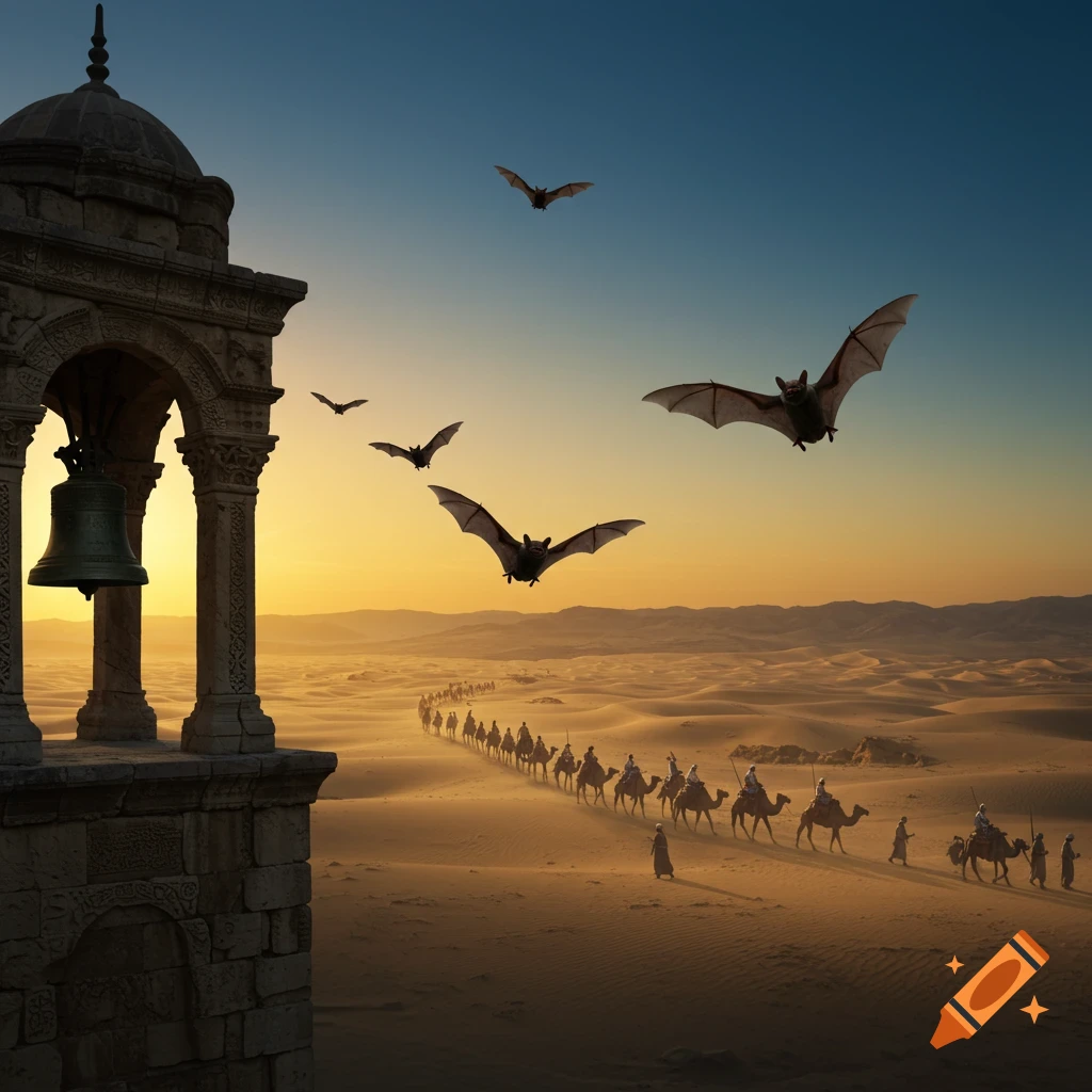 An ancient stone bell tower stands in the foreground as a caravan of people on camels winds through a vast golden desert at sunset, while several bats fly overhead against a blue and orange sky.