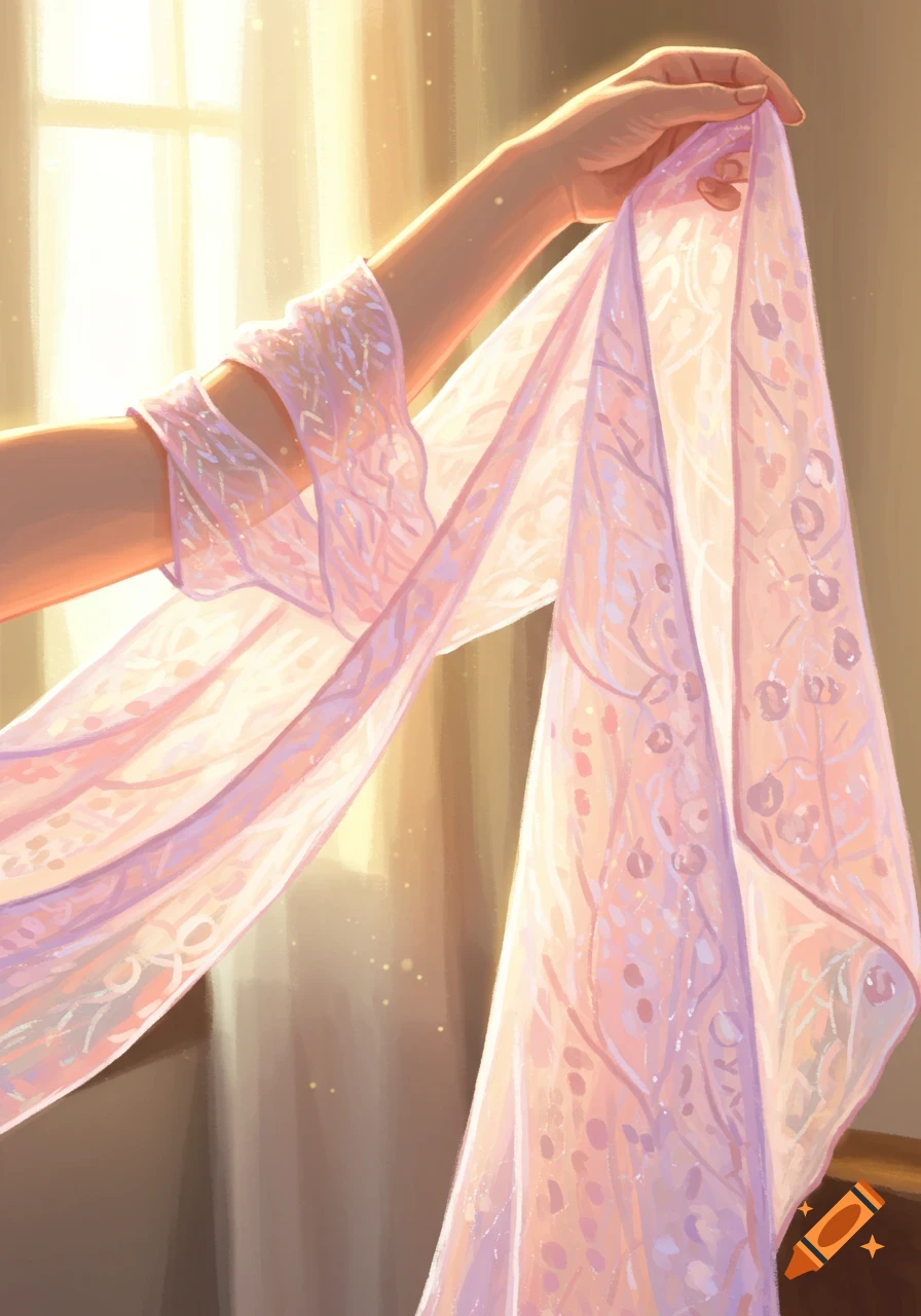 Close-up of a hand holding a delicate pink patterned scarf, with a similar scarf wrapped around the forearm, bathed in soft golden sunlight.