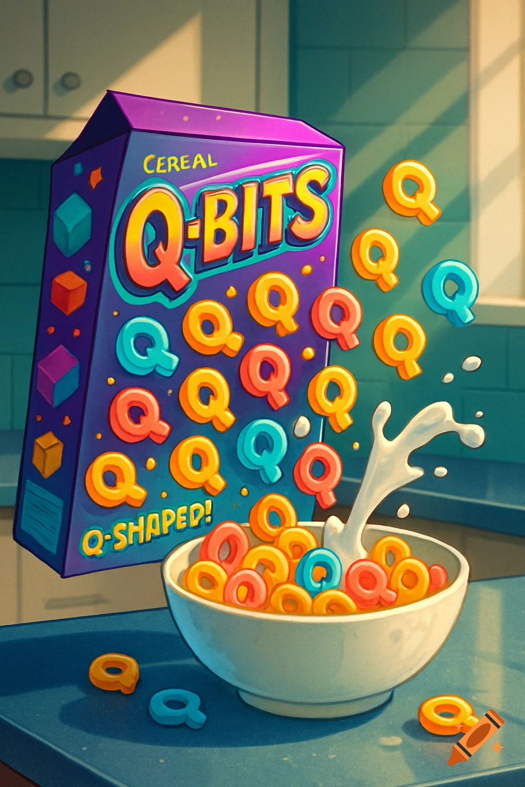 A vibrant illustration of a 'Q-BITS' cereal box and a bowl of Q-shaped cereal with milk on a kitchen counter.