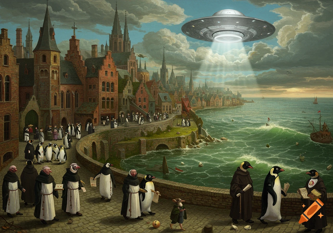 A surreal painting in Bosch's style depicts monk-penguins, a donkey-child, and people walking along a medieval city's coast as a UFO hovers overhead.