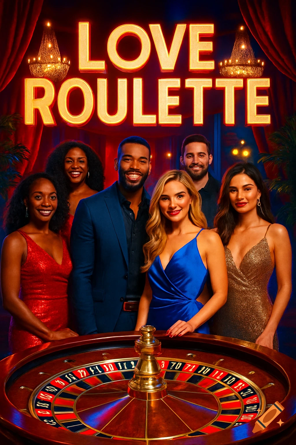 A photorealistic poster for 'LOVE ROULETTE' shows five diverse people in formal wear posing behind a roulette table in a casino setting.