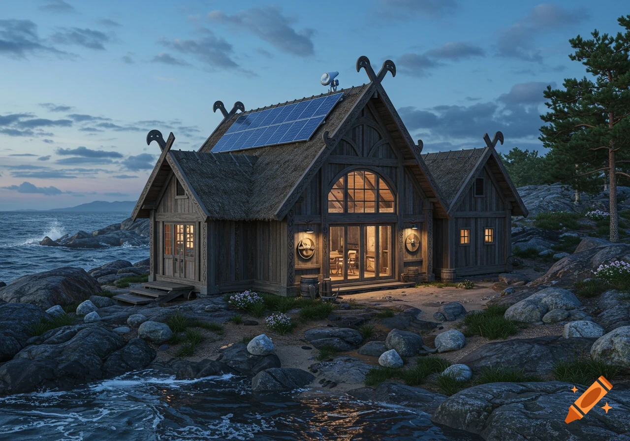A photorealistic image of a wooden Viking-style house with solar panels on a thatched roof, situated on a rocky coast at dusk.