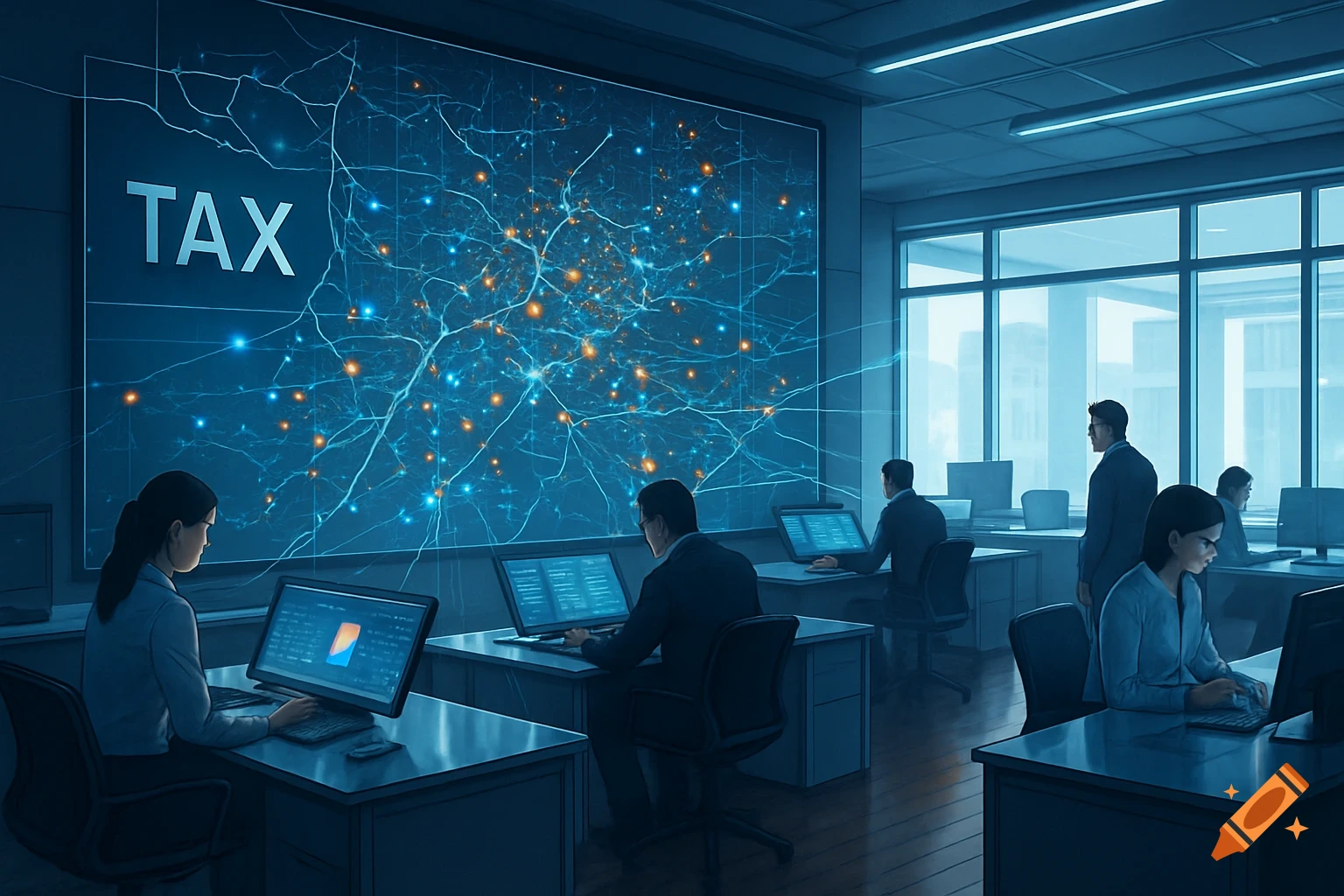 People working in a modern office with a large screen displaying 'TAX' and a data network visualization.