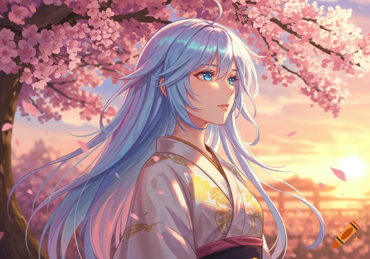 Anime girl with light blue hair in a white kimono under pink cherry blossoms during sunset.