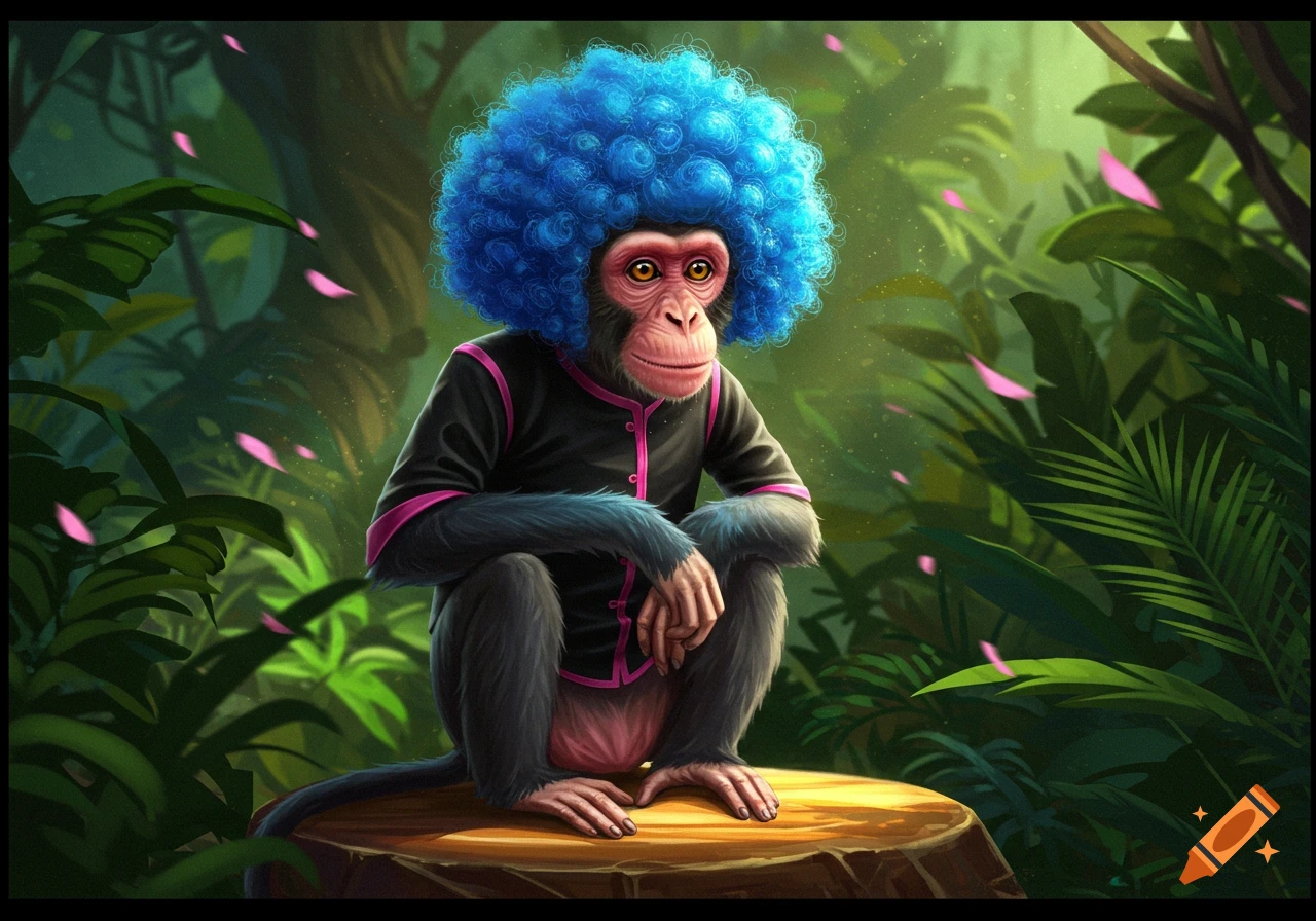 A stylized monkey with a bright blue afro wig and a black and pink outfit sits on a tree stump in a vibrant green jungle.