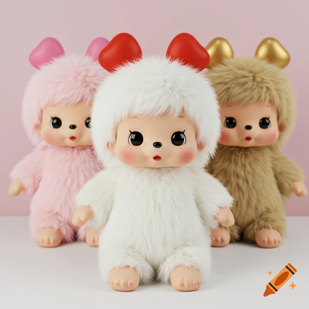 Three fluffy, cute Monchhichi-style dolls, one white with red bows, one pink, and one brown, against a soft pink background.