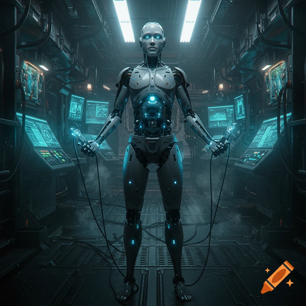 A photorealistic android robot stands in a dark cyberpunk spaceship interior, holding glowing cables.