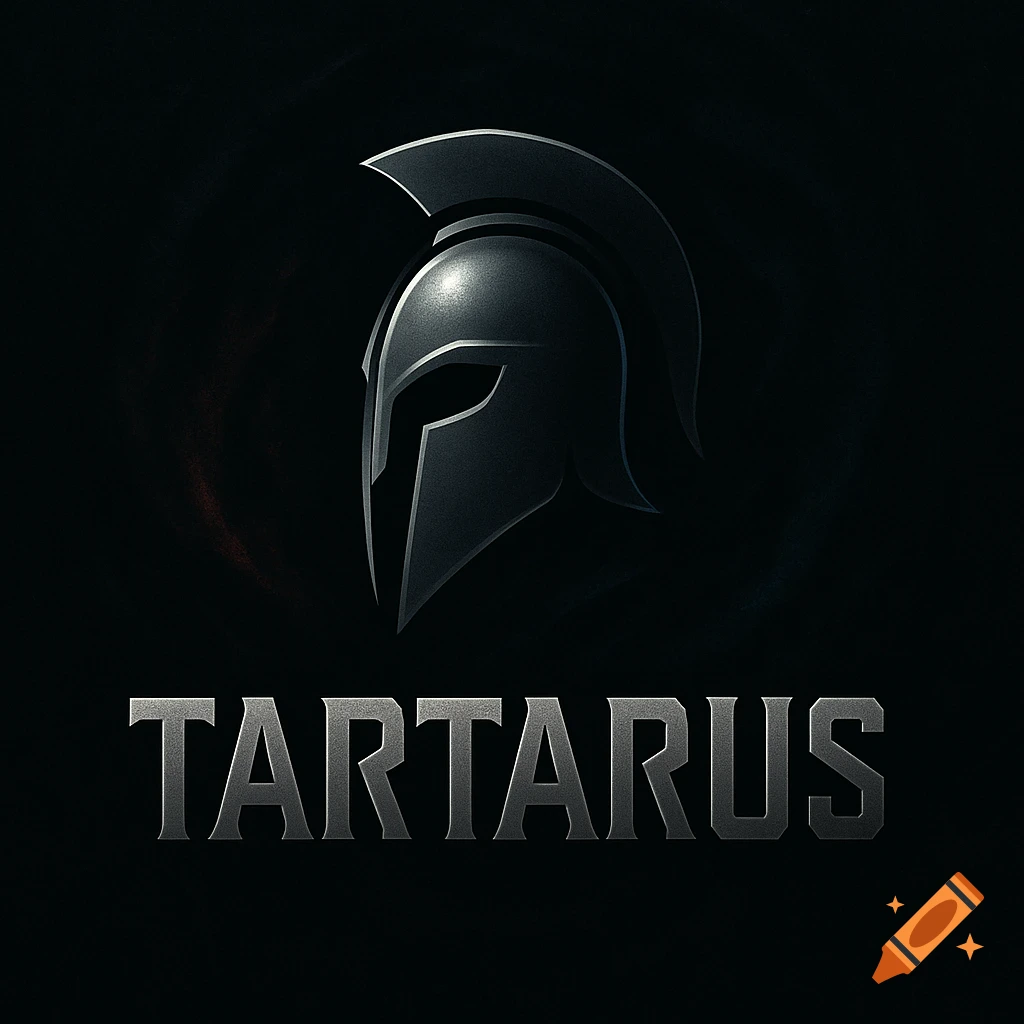 Dark metallic Spartan helmet logo with the word 'TARTARUS' in stylized embossed text below it.