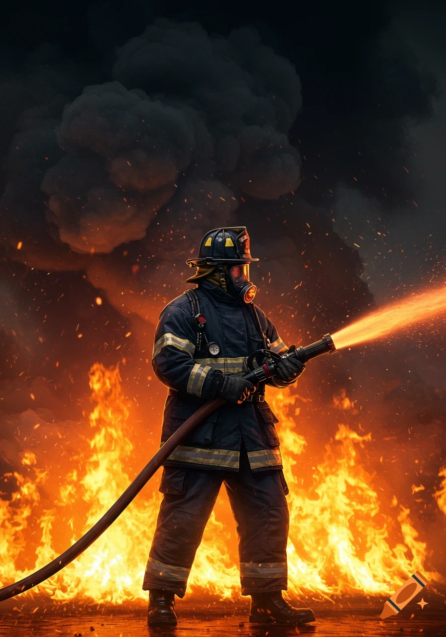 A fully geared firefighter battles a massive blaze, aiming a hose at roaring flames and thick dark smoke. Photorealistic.