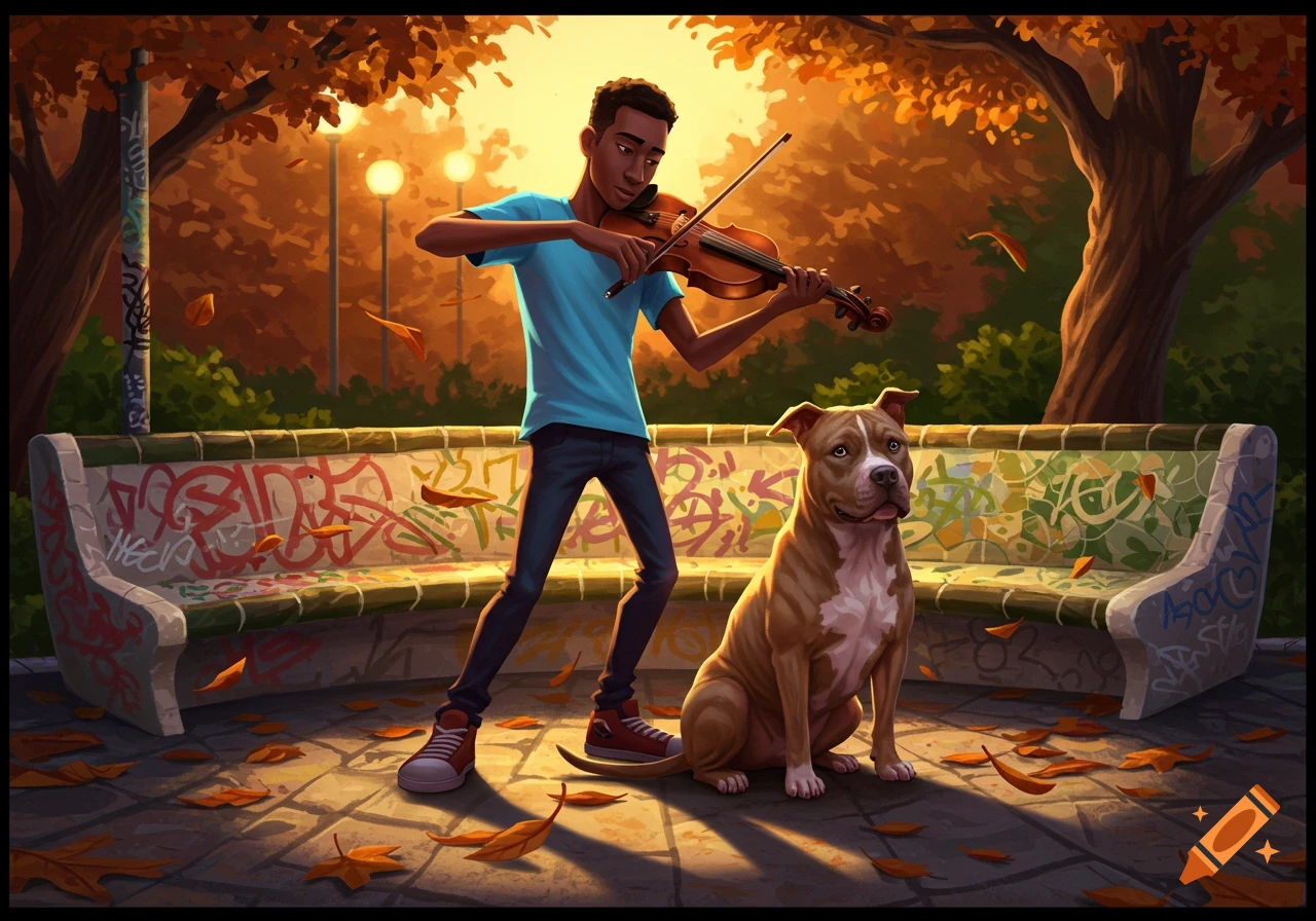 An illustrated boy plays the violin next to a sitting pitbull in an autumn park with graffiti-covered benches.