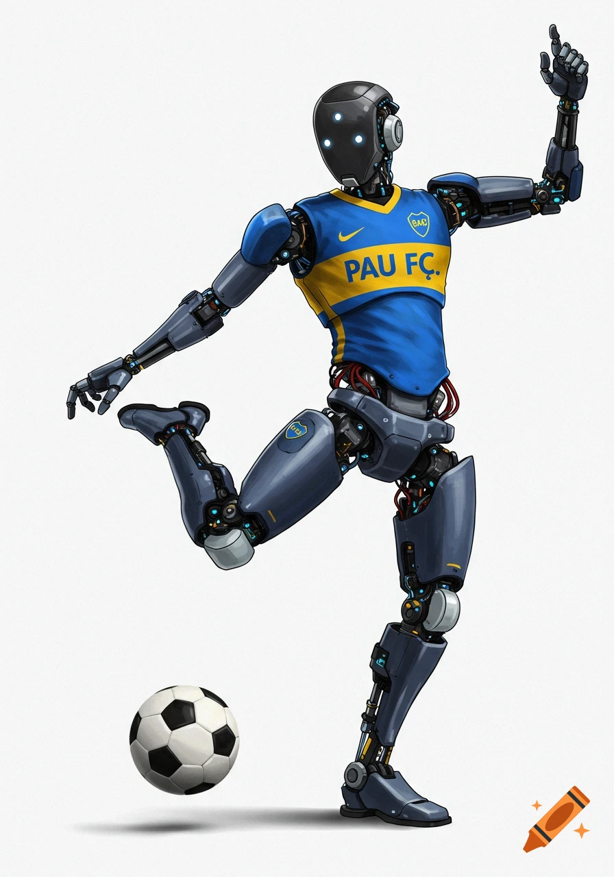 An illustrated robot in a blue and yellow soccer jersey kicks a black and white soccer ball on a white background.