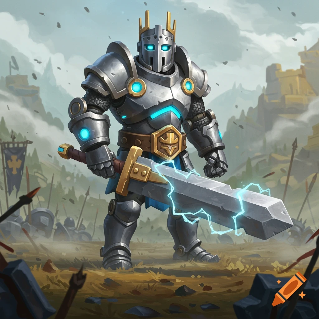 Cartoonish armored knight with glowing blue eyes and chest, holding a lightning sword on a battlefield.