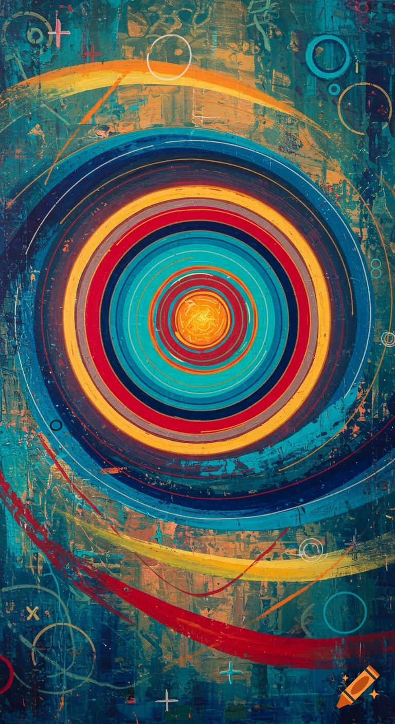 Vibrant abstract painting with concentric colorful rings and textured background, featuring geometric symbols.
