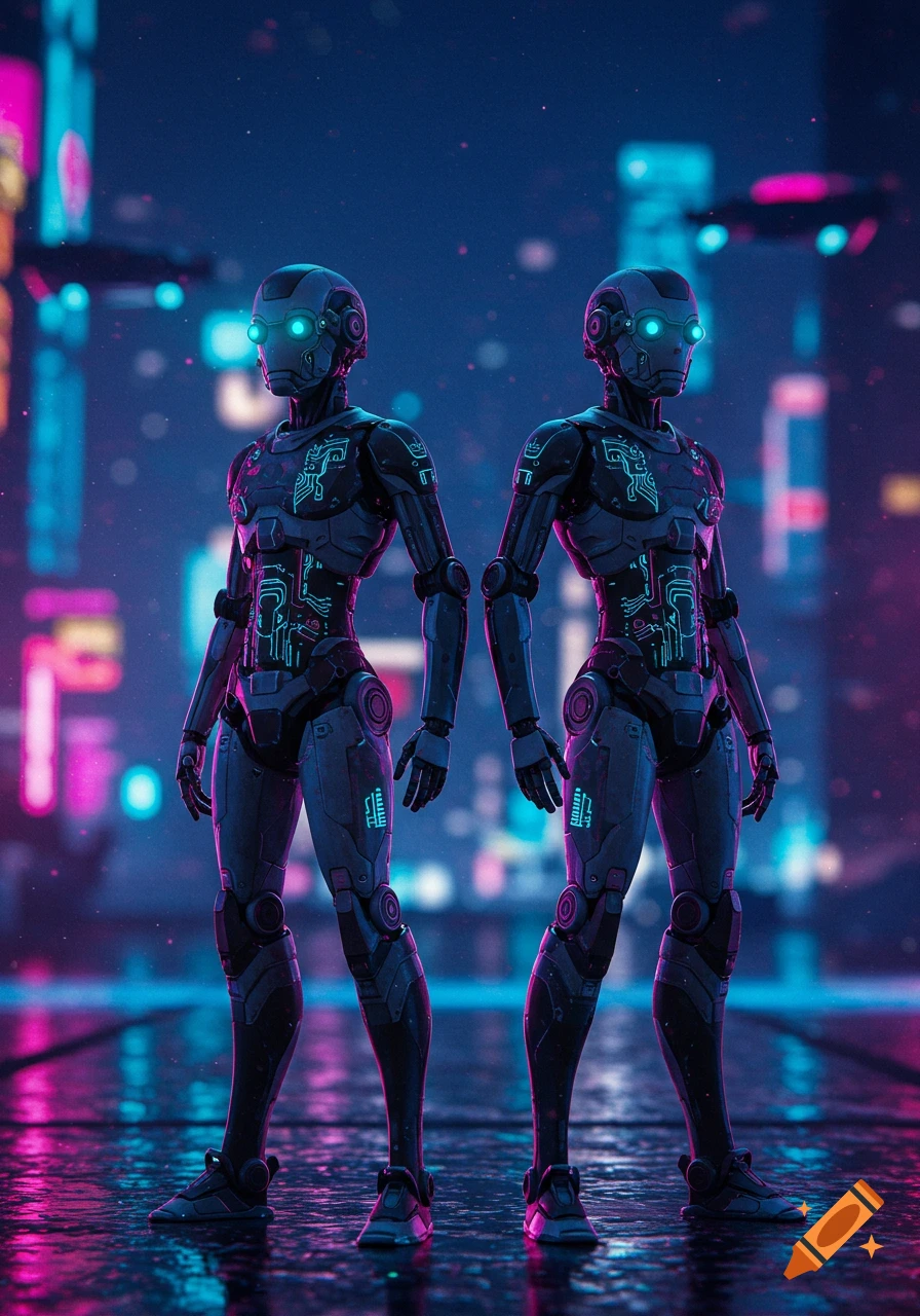 Two humanoid robots with glowing blue eyes and neon circuit patterns stand in a dark, cyberpunk city with purple and blue lighting.