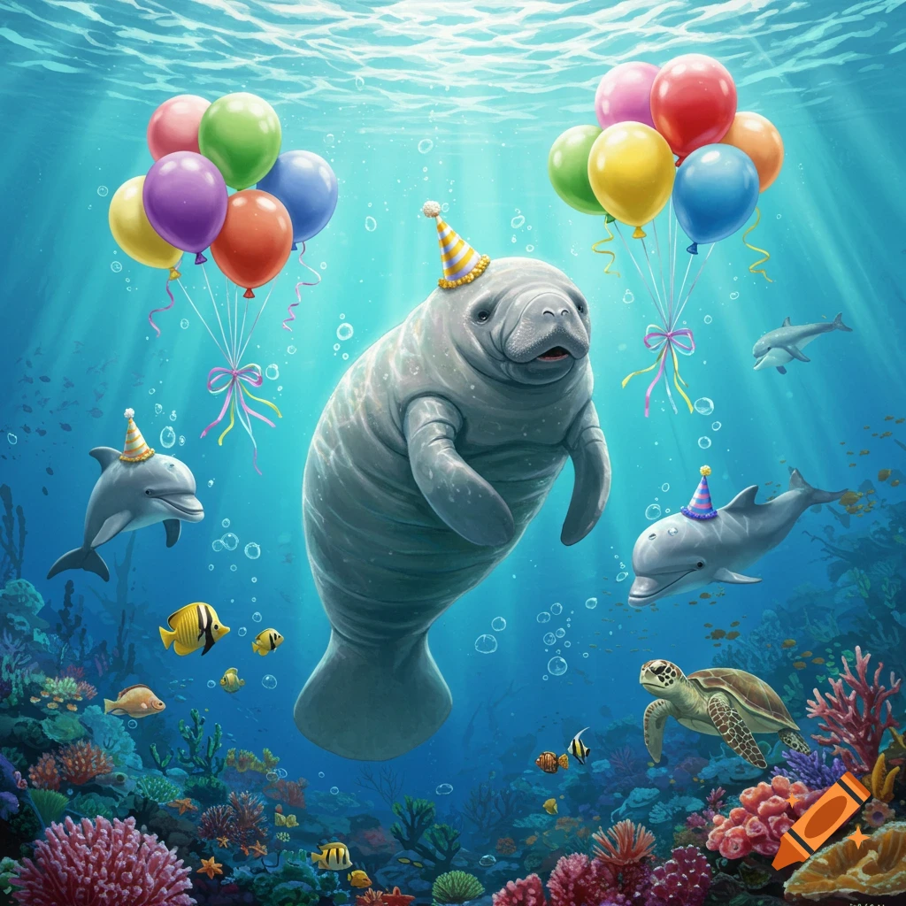 A cute manatee, two dolphins, and a turtle wear party hats underwater, surrounded by coral, fish, and colorful balloons.