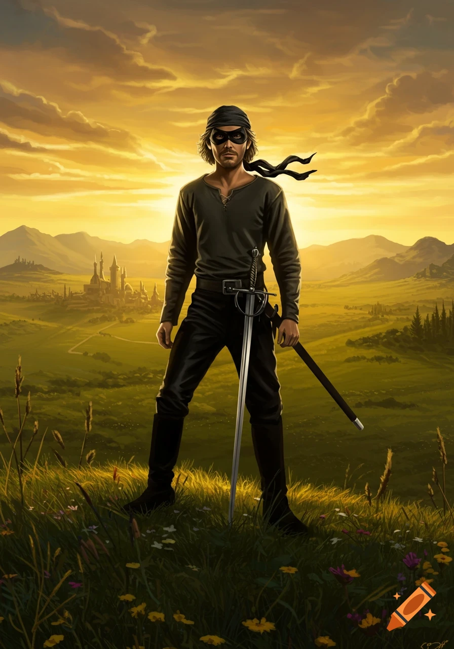 A masked man in black clothing holds a sword, standing in a grassy field with a castle and mountains in the distance under a golden sunset.