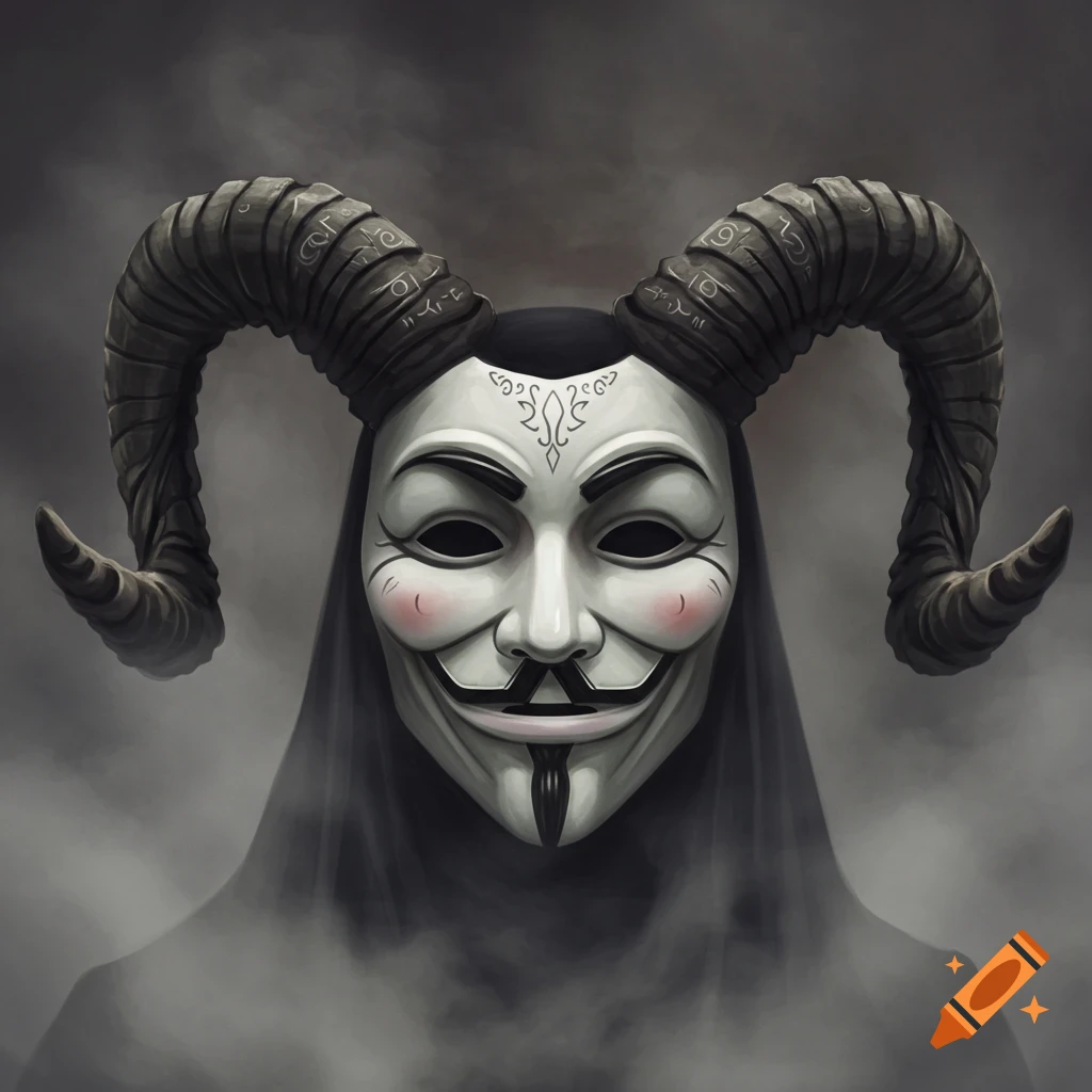 A mysterious Guy Fawkes mask with large, stylized goat horns emerges from mist in a dark fantasy style.