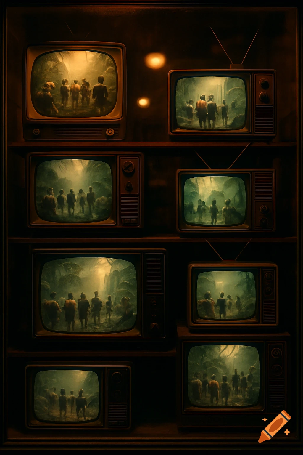 A wall of vintage televisions displaying groups of people walking through a dark, foggy, dystopian jungle.