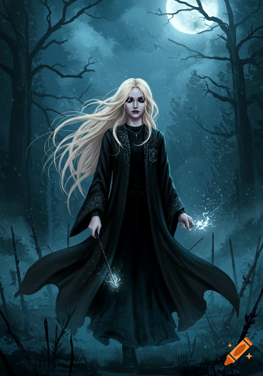 A blonde woman in a dark robe stands in an eerie, moonlit forest, holding two glowing wands.