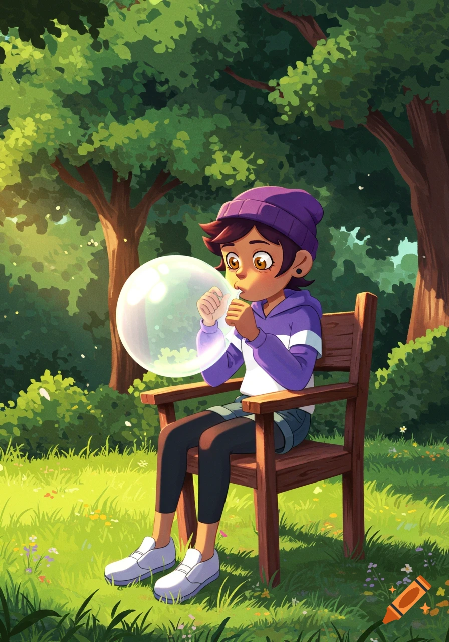 Luz Noceda, an animated girl with a purple beanie, sits on a wooden chair in a sun-dappled forest, blowing a large, clear bubble.