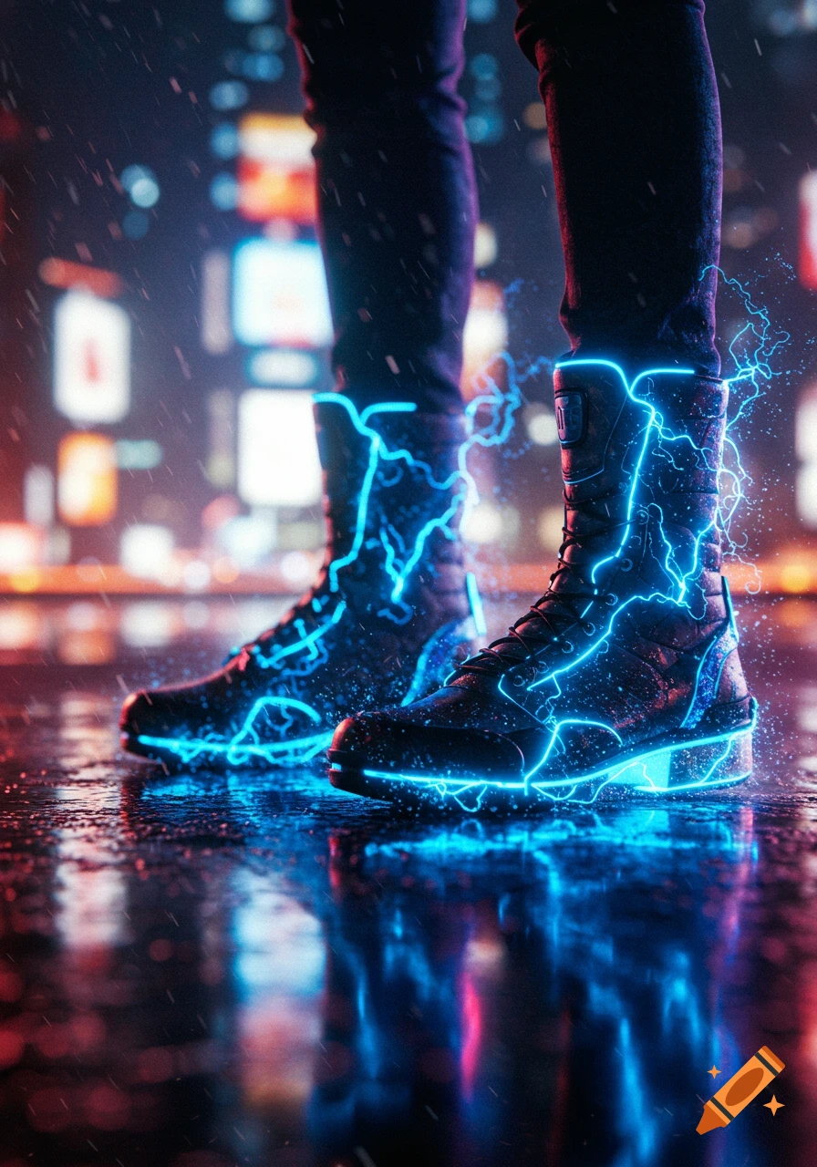 Photorealistic image of legs wearing black boots with glowing blue lightning, standing on a wet city street at night with neon reflections.
