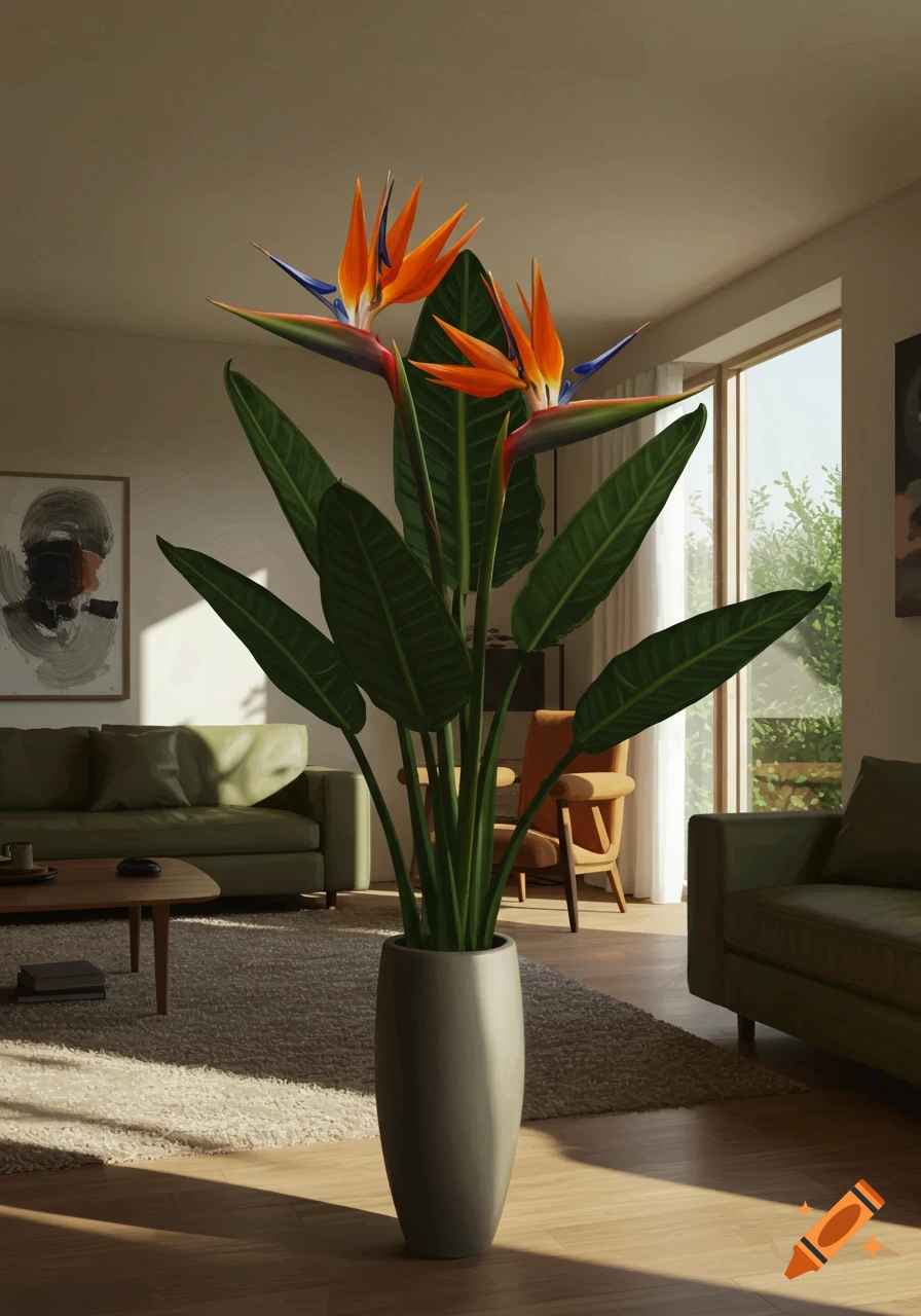 A large potted strelitzia plant with vibrant orange and blue flowers stands in a sunlit modern living room with green sofas and a window view.
